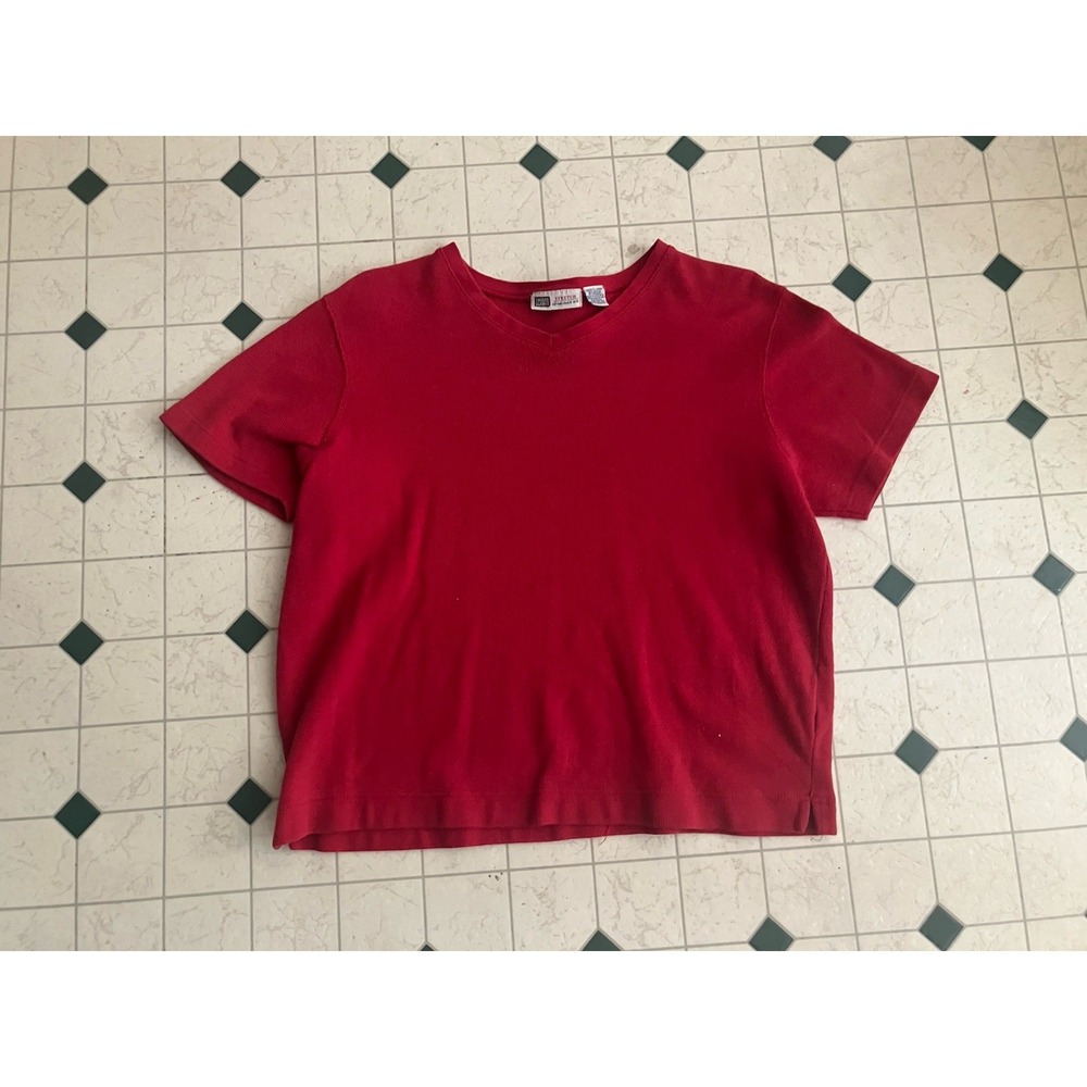 VTG Faded Glory Sweater Lg Petite Red Short Sleeve Cotton Knit Pullover Stretch